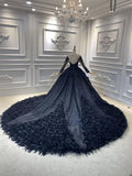 Unique long sleeves black lace sparkling glitter feathers ball gown wedding prom dress 2020
