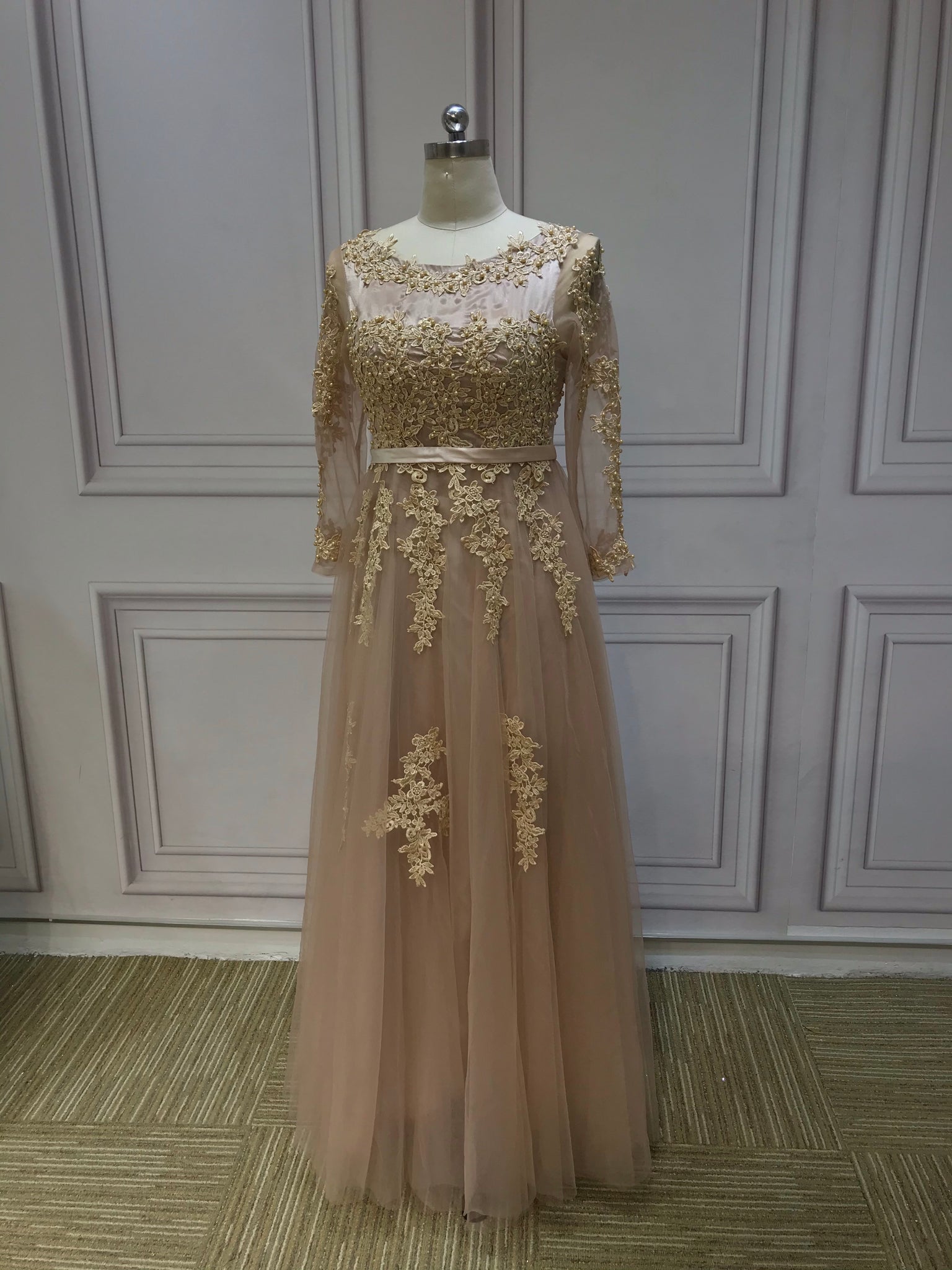 Chic champagne nude lace appliques pearls beaded tulle semi formal gra Anna's Couture Dresses Chic champagne nude lace appliques pearls beaded tulle semi formal gra Anna's Couture Dresses