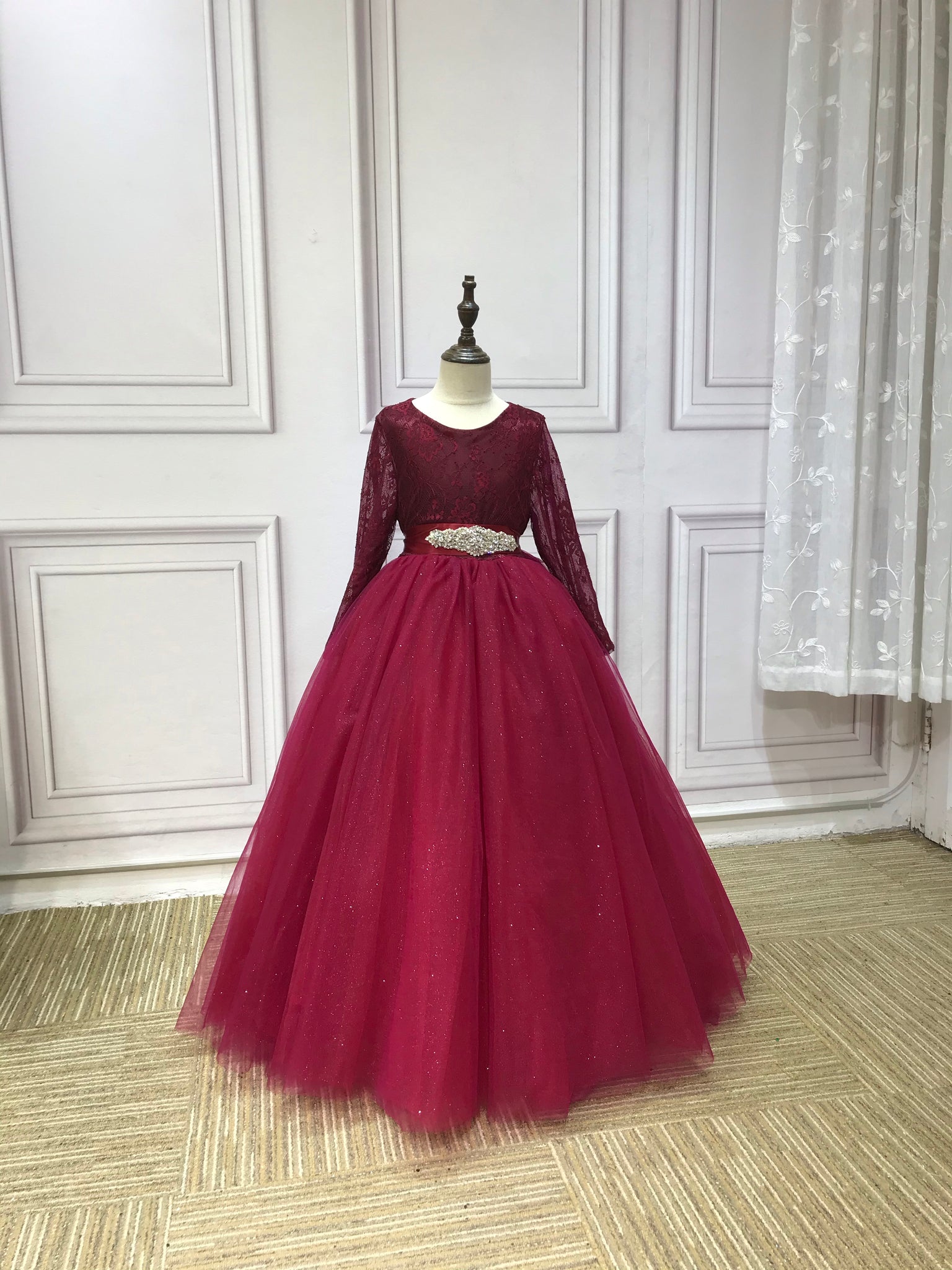 Long sleeves puffy skirt sparkly glitter burgundy red tulle little gir Anna's Couture Dresses Long sleeves puffy skirt sparkly glitter burgundy red tulle little gir Anna's Couture Dresses