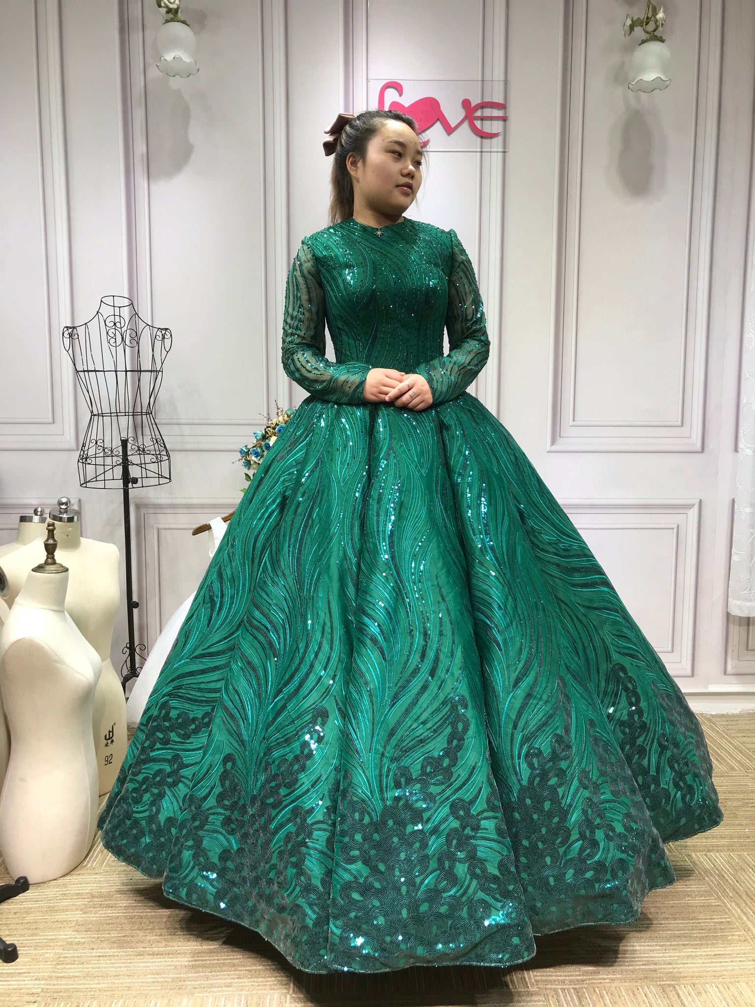 Modest Green Tulle Vneck Long Sleeves Prom Dress with Flower Patterns -  $159.3936 #P74138 - SheProm.com