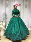 Sparkling emerald green crystals beaded ball gown long sleeves lace wedding prom Muslim dress