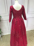 Luxurious heavy beaded burgundy maroon red long sleeves lace Muslim wedding dress 2021#112202
