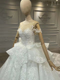 Vintage ivory lace off shoulder ball gown wedding dress