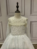 Long sleeves pearls and crystals beaded top ball gown flower little girl dress