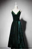 Sexy dark green velvet tea length prom cocktail dress 2020