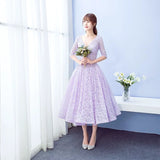 Long sleeves tea length puffy skirt red burgundy black blue pink prom engagement dresses