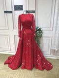 Long sleeves red color round neck sparkling sequins fabric prom dress with two removable train