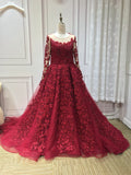 Luxurious burgundy red  scoop round neck long sleeves off shoulder ball skirt wedding prom dress #1122011