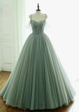 Spaghetti straps sweetheart dusty mint sage green tulle prom dress ball gown