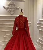 Long sleeves eyelash lace tulle bodice deep v neck puffy skirt red burgundy prom wedding dress 2020