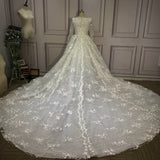 Long sleeves boat neckline 3D flowers lace crystals pearls beaded ball gown Muslim wedding dresses - Anna's Couture Dresses