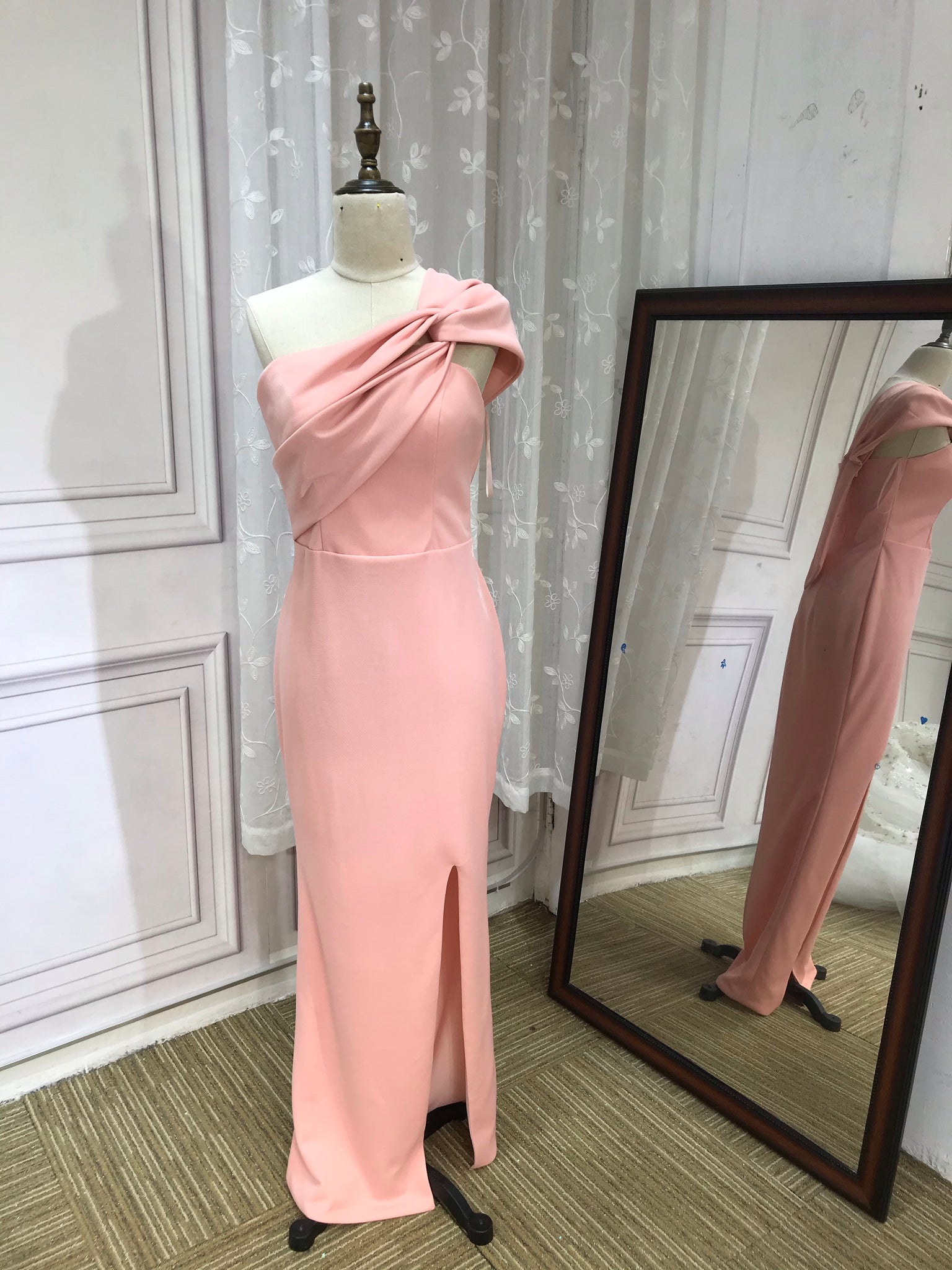 Off shoulder blush pink shiny bridesmaids dresses bodice slit 2020 Anna's Couture Dresses Off shoulder blush pink shiny bridesmaids dresses bodice slit 2020 Anna's Couture Dresses