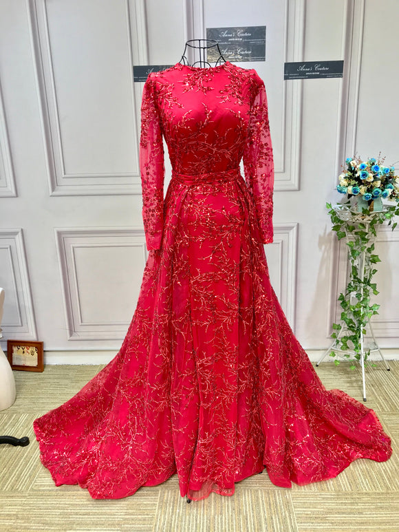 Bead Dotted Red Lace Two-piece Long Sleeve Prom Dress - VQ