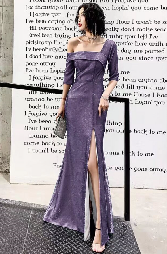 Sparkling fabric one shoulder mermaid slit sexy prom cocktail dress 2020