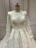 Long sleeves boat neckline 3D flowers lace crystals pearls beaded ball gown Muslim wedding dresses