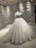 Off shoulder sliver champagne crystals handmade beaded bodice ball gown wedding dress 2020