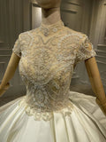 Chic high collar glamorous shiny satin ball gown skirt wedding dress crystals rhinestones pearls beaded top