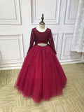 Long sleeves puffy skirt sparkly glitter burgundy red tulle little girl dress