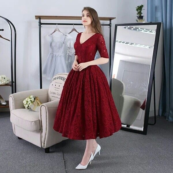 Long sleeves tea length puffy skirt red burgundy black blue pink prom engagement dresses