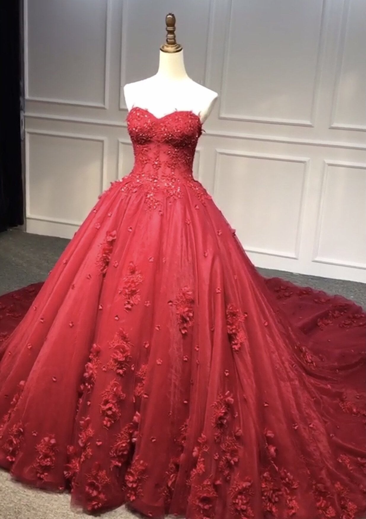 Fairytale dark red ball gown skirt 3D lace flowers wedding prom dress Anna's Couture Dresses Fairytale dark red ball gown skirt 3D lace flowers wedding prom dress Anna's Couture Dresses