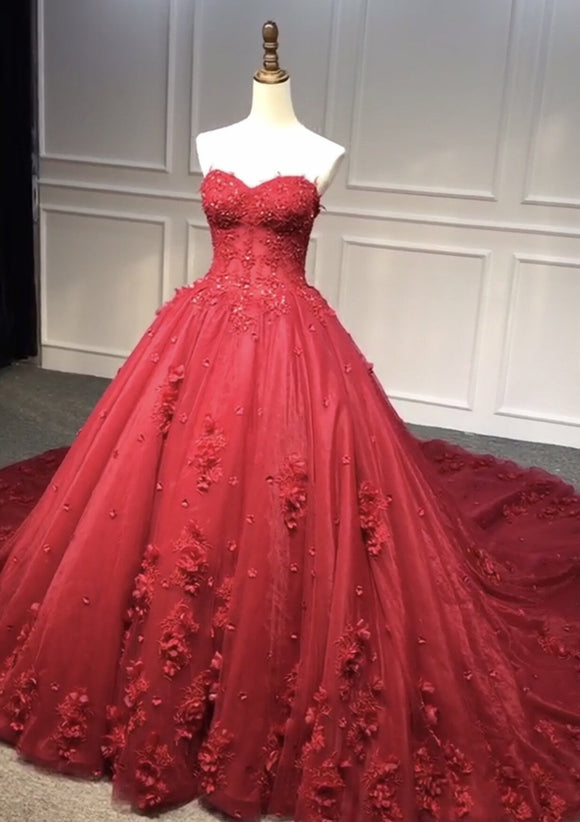 Red long sleeves lace appliqués tulle ball gown skirt wedding prom dre –  Anna's Couture Dresses