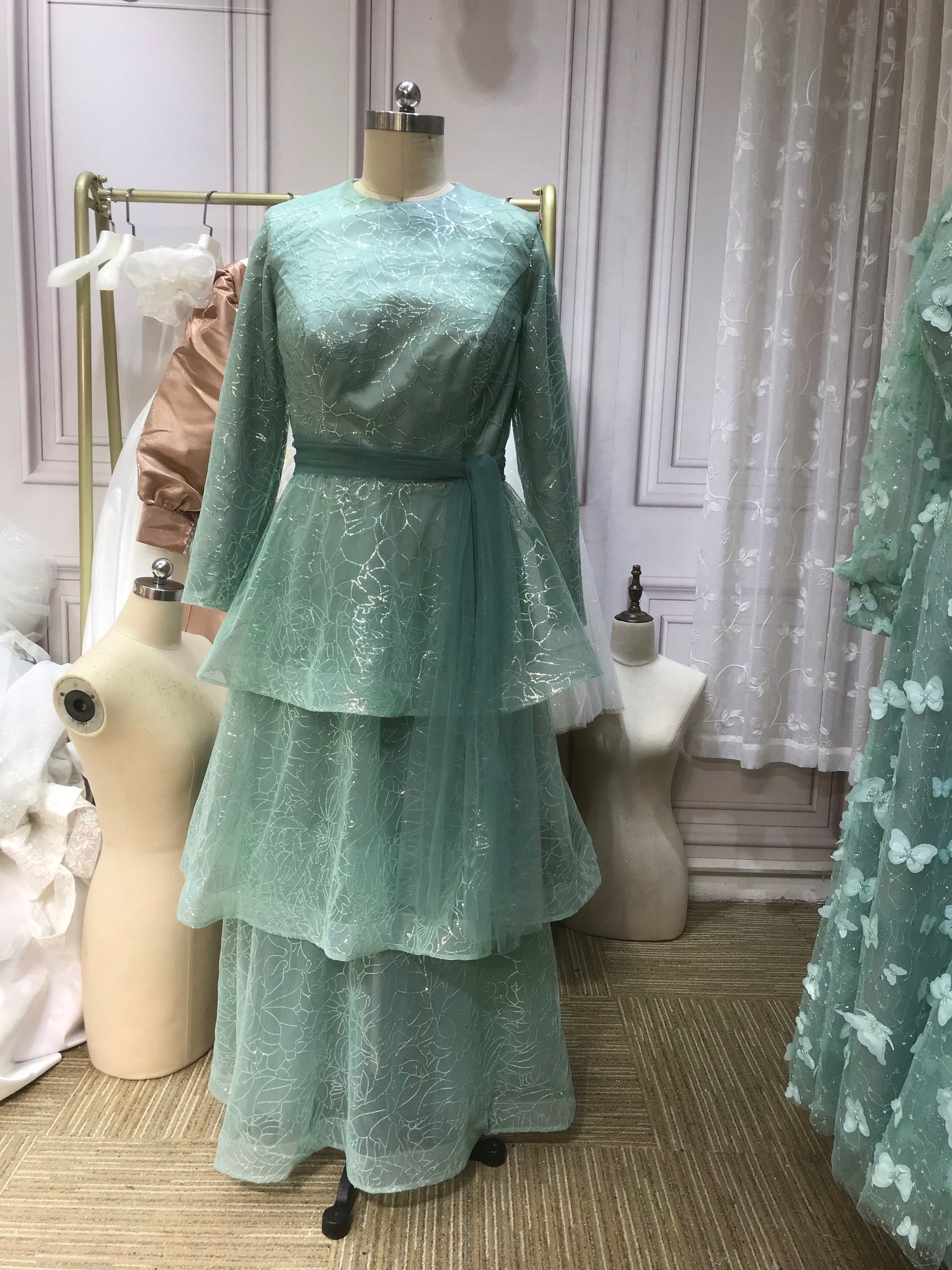 Elegant puffy sleeves dusty sage green layered tea length maxi prom dr Anna's Couture Dresses Elegant puffy sleeves dusty sage green layered tea length maxi prom dr Anna's Couture Dresses