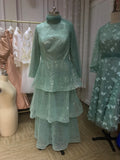 Elegant puffy sleeves dusty sage green layered tea length maxi prom dress 2024,formal dresses in stock US size (4-8)