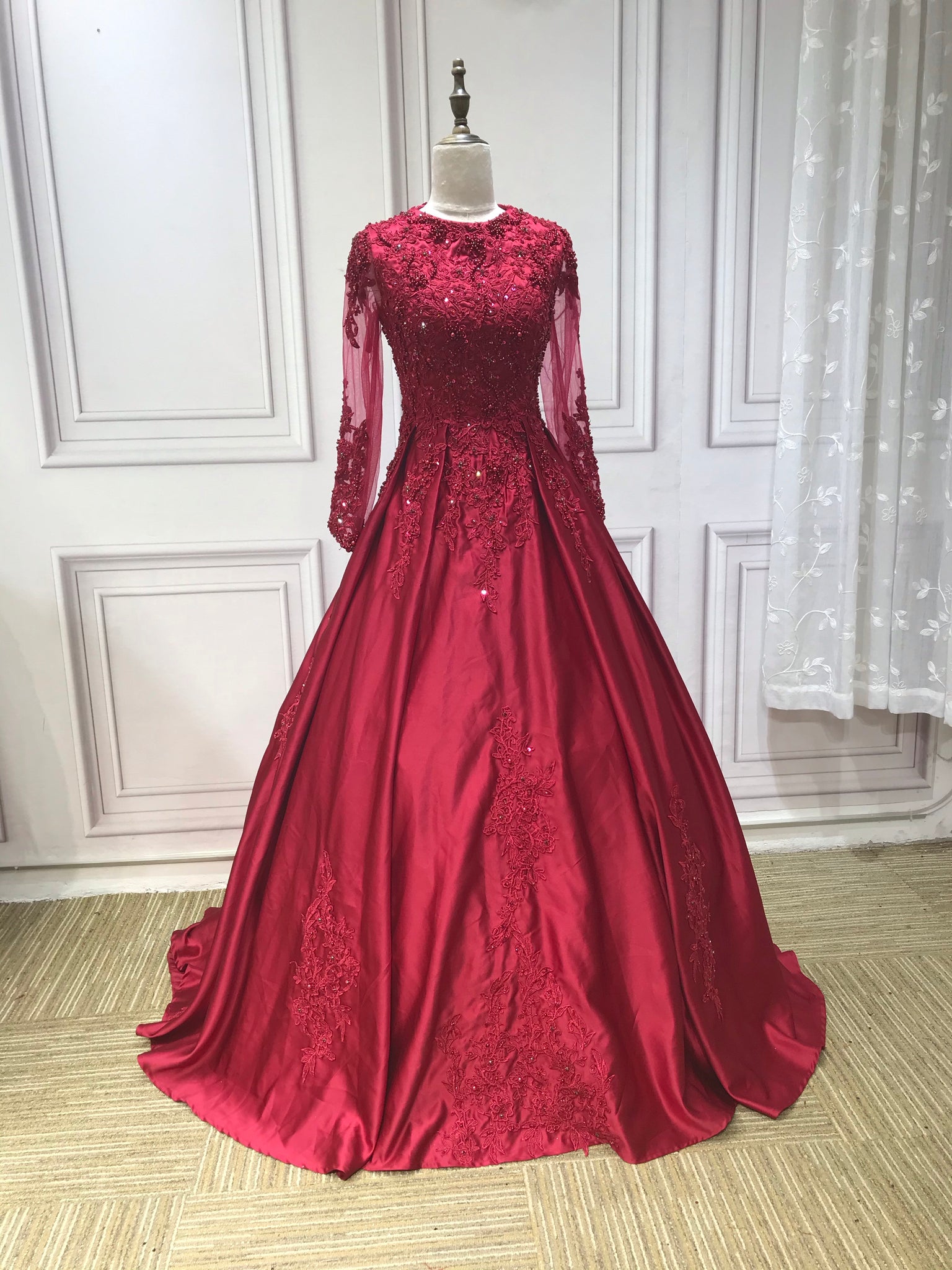 Long Sleeves Dark Red Lace Mermaid Jersey Prom Dresses, PD0982 – SofieBridal