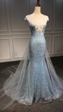 Blue sequins beaded couture mermaid fit and flare cape prom dress 2020