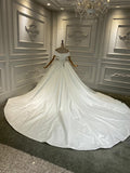 Chic off shoulder shiny satin ball gown skirt wedding dress crystals pearls beaded top