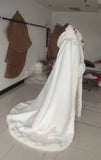 Winter wedding accessories white matte satin fur cloak jacket shawl cape with hood