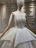 Luxury crystals pearls beaded cream beige champagne couture ball gown lace wedding dress 2020