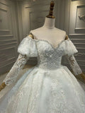 Muslim long sleeves pearls beaded lace ball gown skirt wedding dress