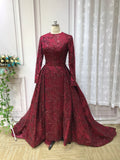 Long sleeves sequins lace mermaid with removable train emerald green maroon navy red prom dresses #112215