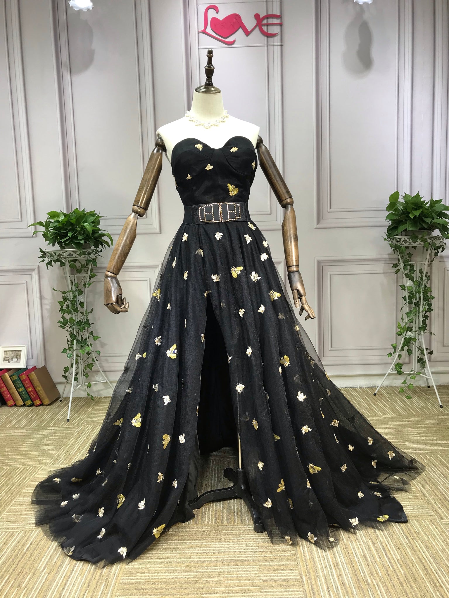 Chic black lace embroidery slit skirt prom semi formal farewell dress Anna's Couture Dresses Chic black lace embroidery slit skirt prom semi formal farewell dress Anna's Couture Dresses