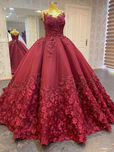 Dark red flowers lace  wedding prom dress 