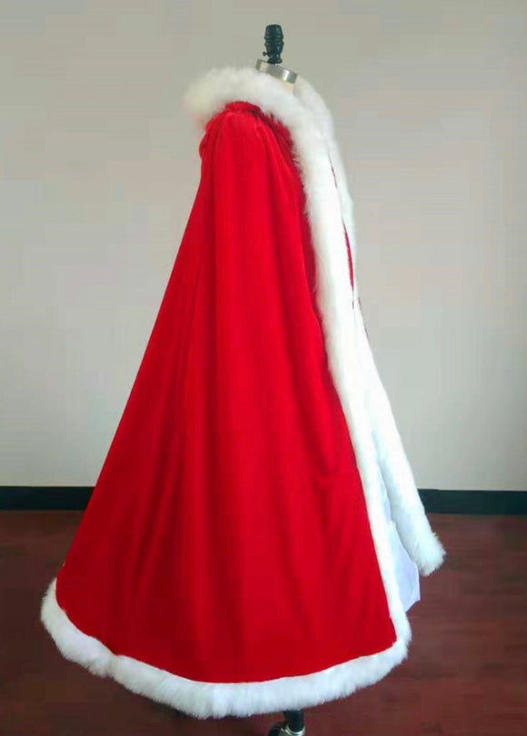 Christmas gift red and white winter wedding accessories red velvet with white fur cloak with hood