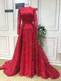 Long sleeves red color round neck sparkling sequins fabric prom dress with two removable train