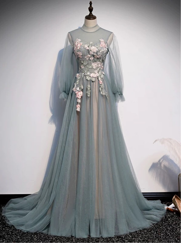 Fairytale long sleeves a line dusty green tulle prom maxi dress muslim fashion 2020