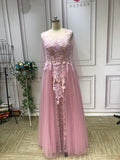 Long sleeves lace appliqués purple dusty pink tulle prom dress 2021