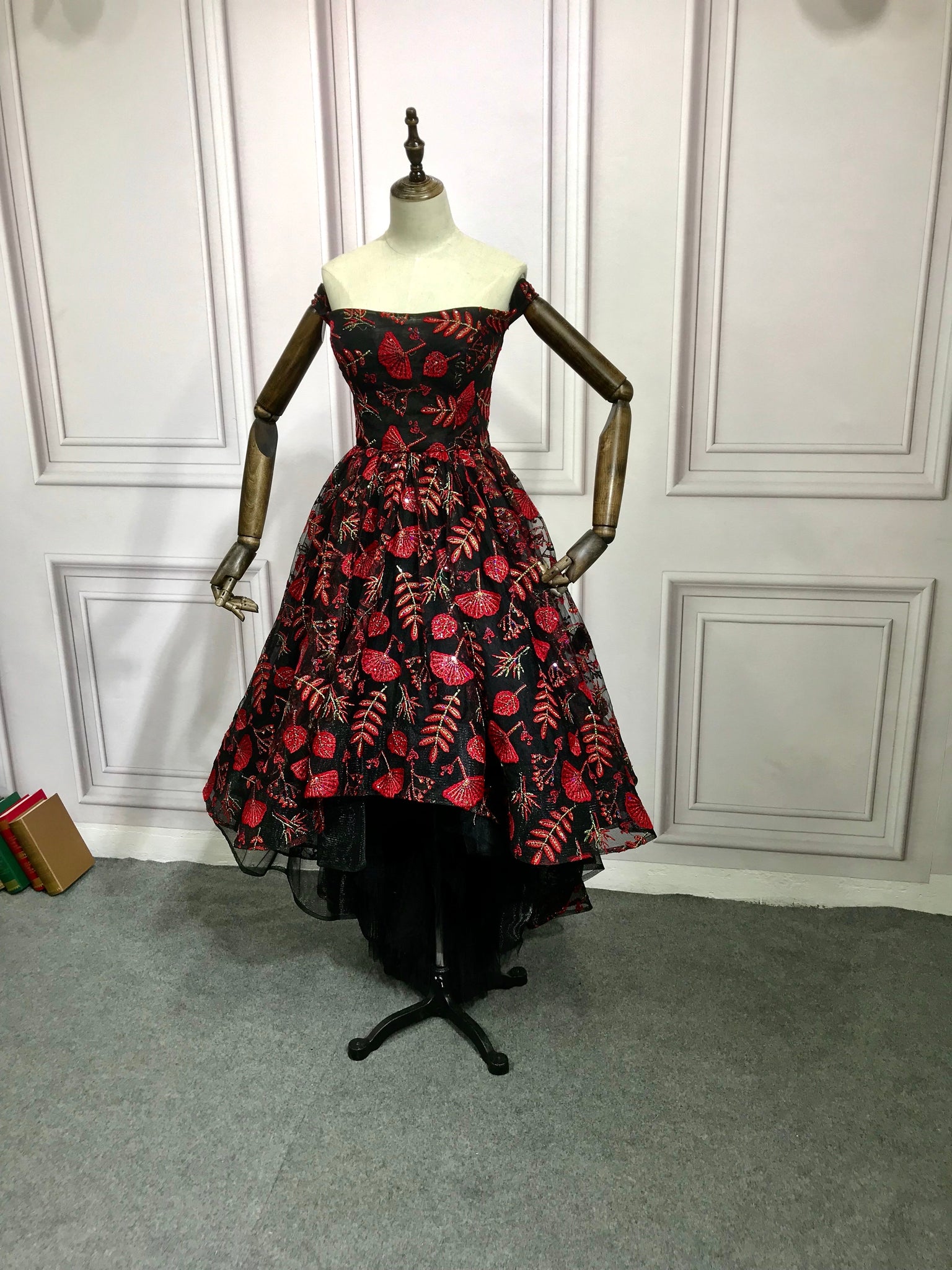 Chic black and red off shoulder hi low prom semi formal dress – Anna's Couture Dresses