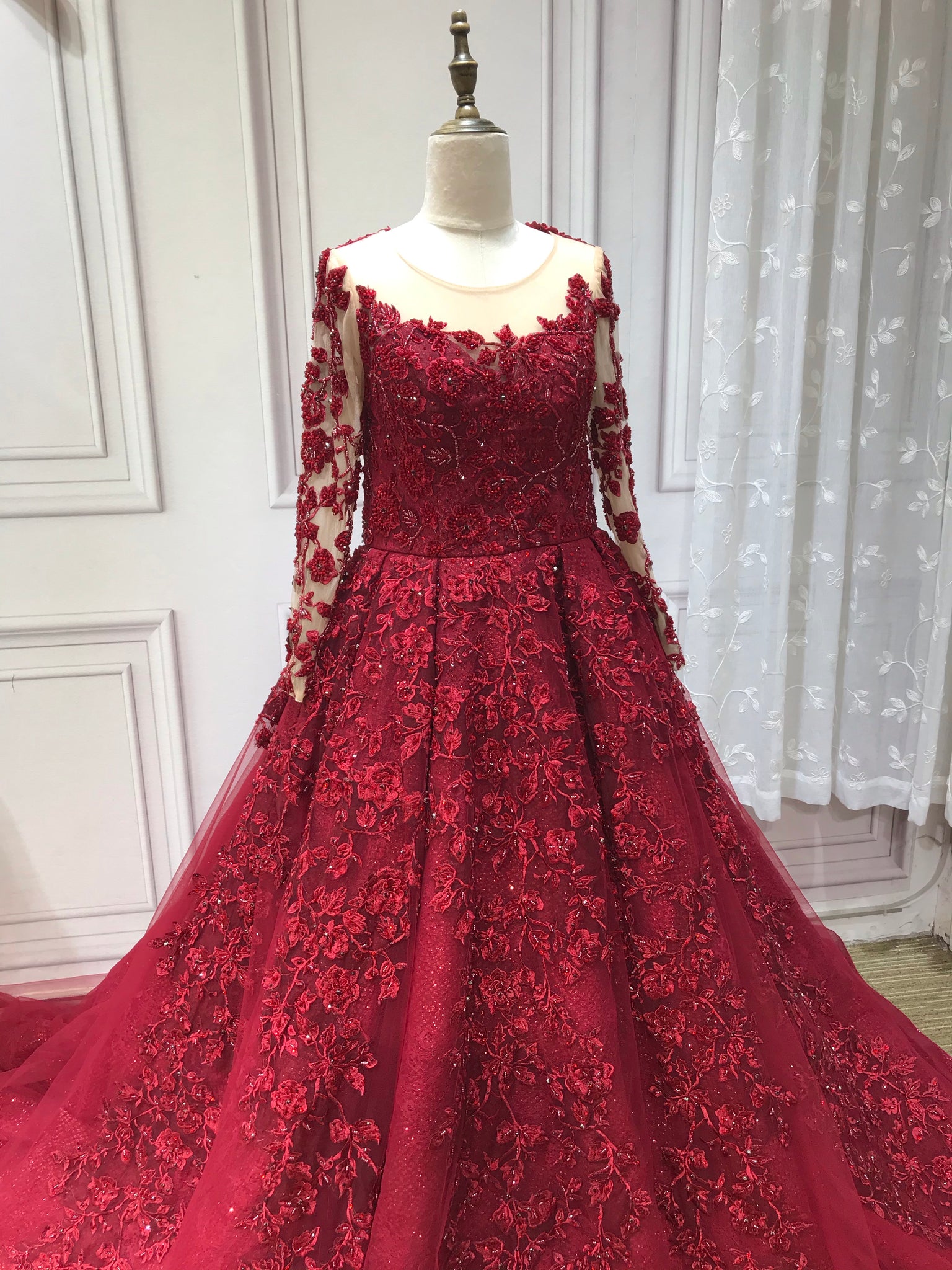 Luxurious burgundy red scoop round neck long sleeves off shoulder ball Anna's Couture Dresses Luxurious burgundy red scoop round neck long sleeves off shoulder ball Anna's Couture Dresses
