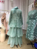 Elegant puffy sleeves dusty sage green layered tea length maxi prom dress 2024,in stock US size (4-8)