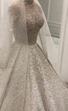 Luxurious sliver crystals rhinestones pearls Muslim high neck wedding prom dress