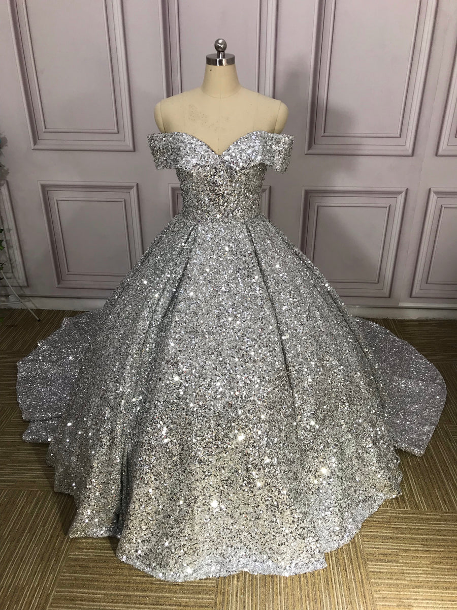 Off shoulder sliver crystals rhinestones sequins beaded ball gown prom ...