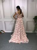 Fairytale floral lace pink a line prom dress with beaded 2020