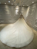 Off shoulder sliver champagne crystals handmade beaded bodice ball gown wedding dress 2020