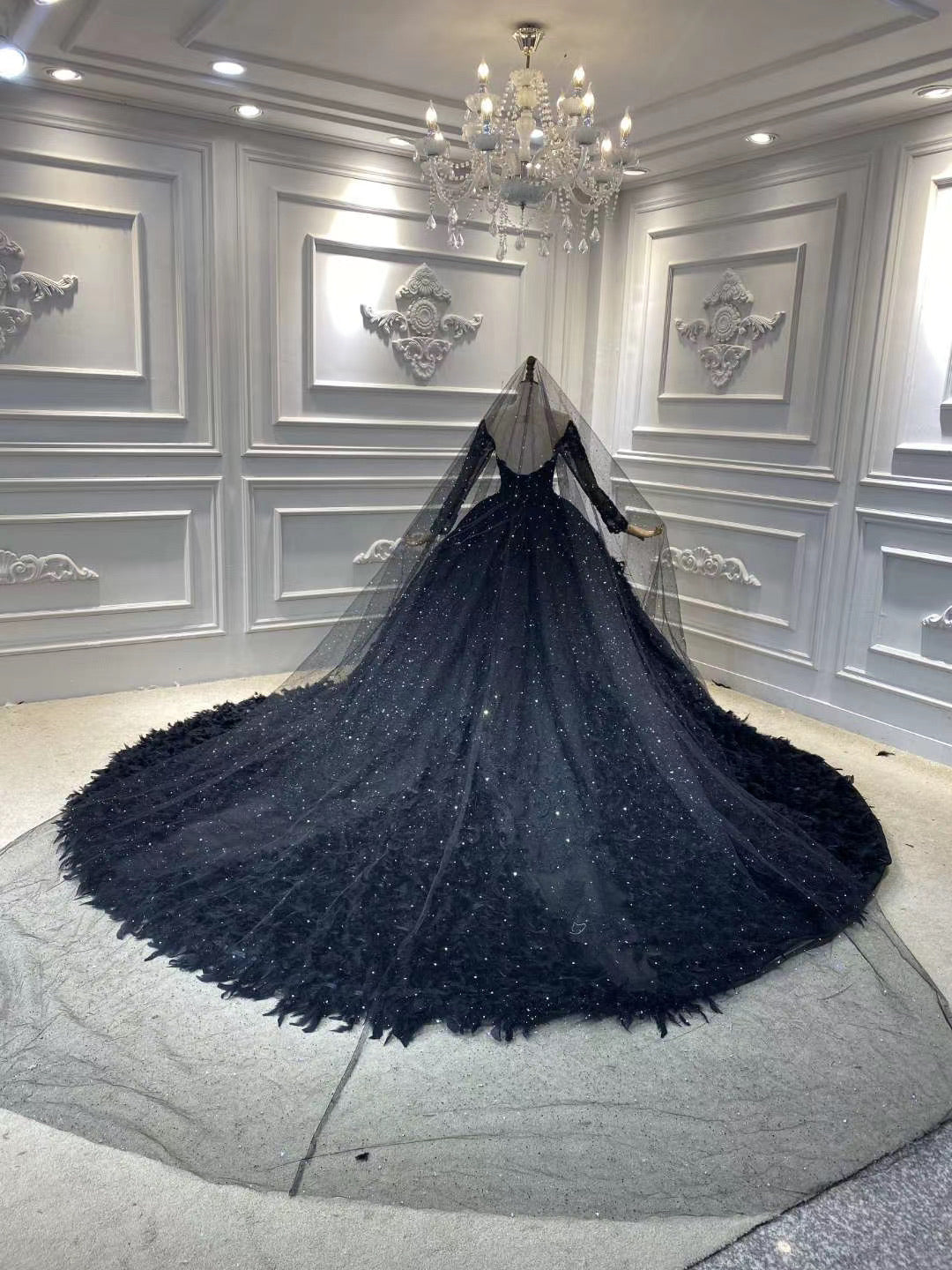 Unique long sleeves black lace sparkling glitter feathers ball gown we Anna's Couture Dresses Unique long sleeves black lace sparkling glitter feathers ball gown we Anna's Couture Dresses