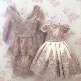 Pink red Lace appliqués mother and daughter dresses