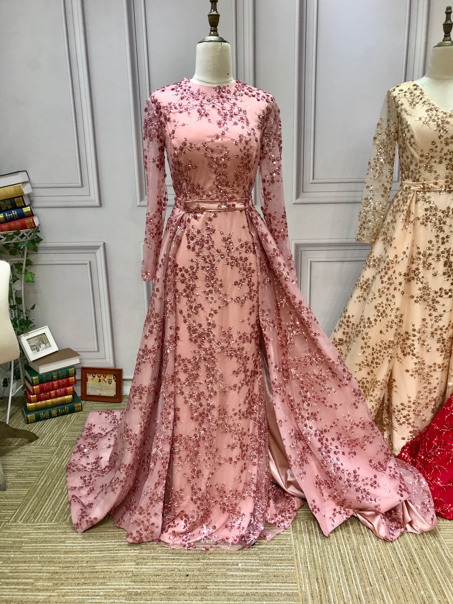 Dusty pink long sleeves sparkling sequins fabric muslim formal graduat Anna's Couture Dresses Dusty pink long sleeves sparkling sequins fabric muslim formal graduat Anna's Couture Dresses